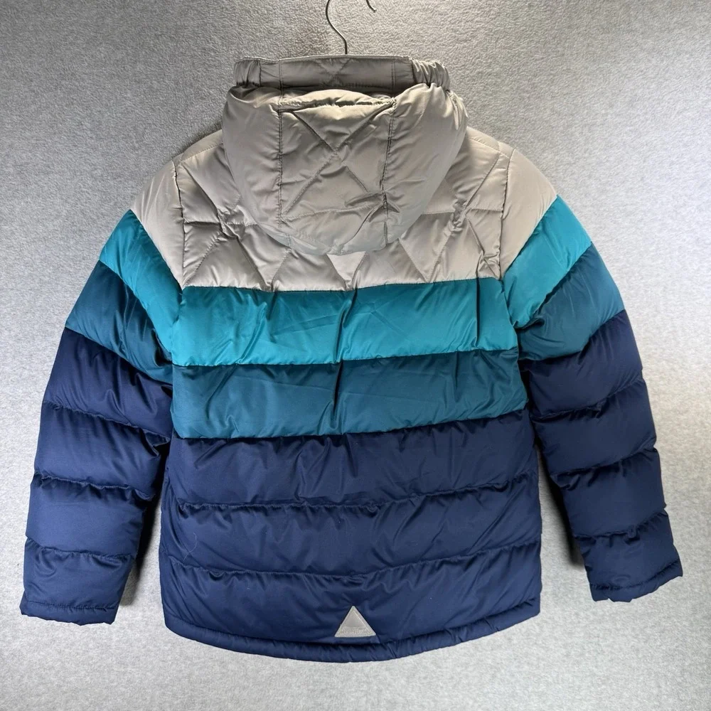 LL Bean Jacket Kids Downtek Medium 10-12 Blue Colorblock Hooded Puffer